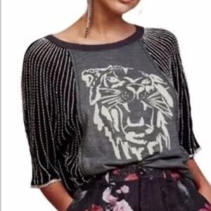 We The Free Black and Gray Tiger distressed beaded batwings tee XS